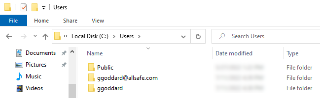 Screenshot of C:\Users folder with Public folder, ggoddard folder, and ggoddard@allsafe.com folder