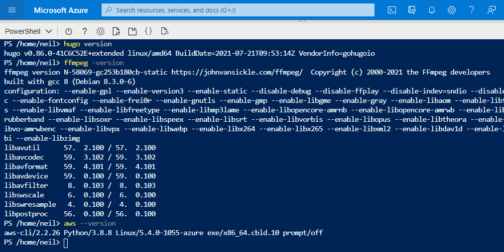Screenshot of Azure Cloud Shell output of the “hugo version”, “ffmpeg -version”, and “aws –version” commands showing these 3rd party binaries installed in cloud shell