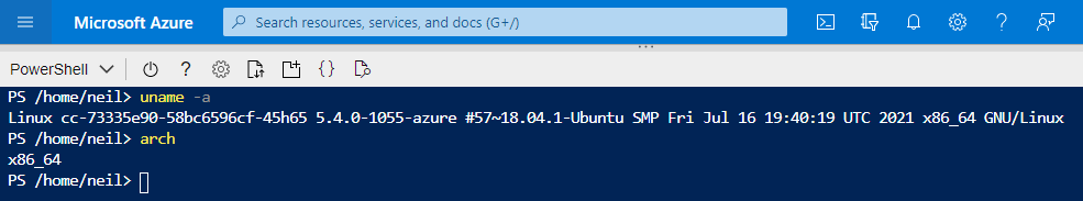 Screenshot of Azure Cloud Shell output of the “uname -a” and “arch” commands - “Linux 5.4.0-1055-azure #57~18.04.1-Ubuntu SMP x86_64 GNU/Linux” and “x86_64” respectively