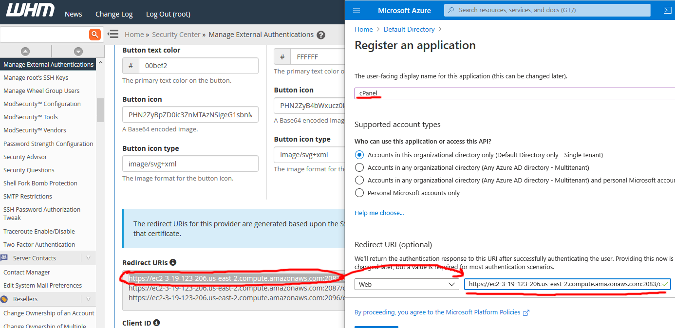 Screenshot of copying and pasting the cPanel OpenID Connect Redirect URI from WHM external auth configuration into the Azure AD App Registration