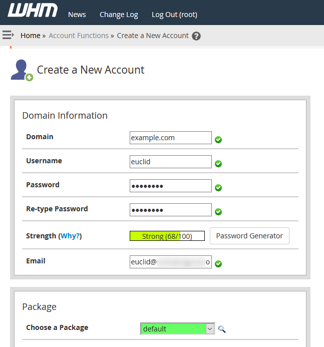 Screenshot of cPanel / WHM account creation screen for the &ldquo;euclid&rdquo; test account