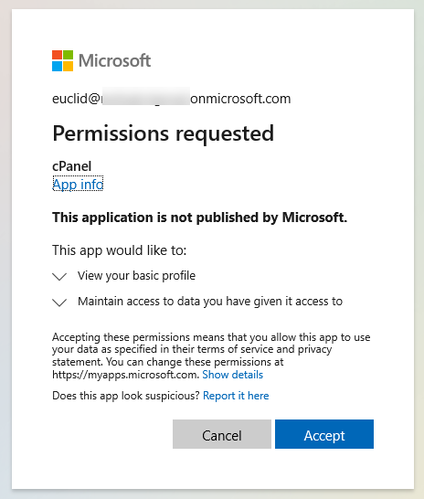 Screenshot of Azure AD login process - app permissions