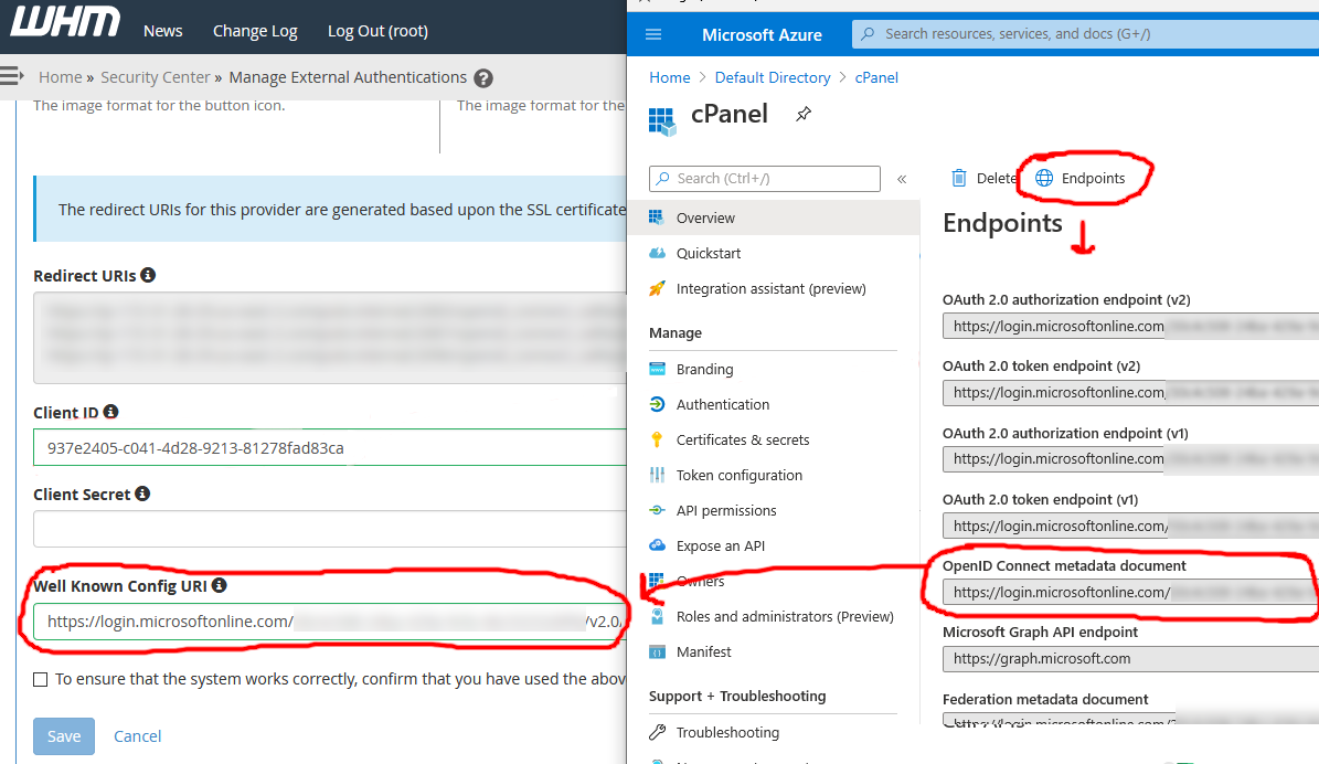 Screenshot of the Well Known Config URI field in Azure AD (OpenID Connect metadata document)