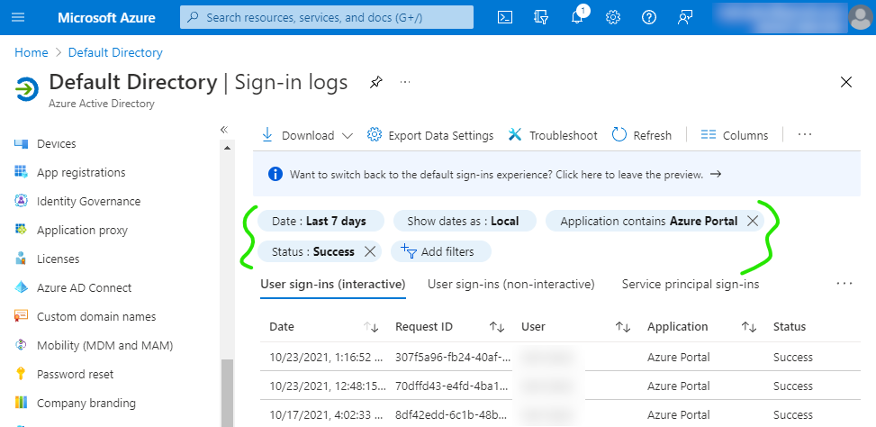 Screenshot of Azure AD Sign-in logs with date, application, and status filters applied