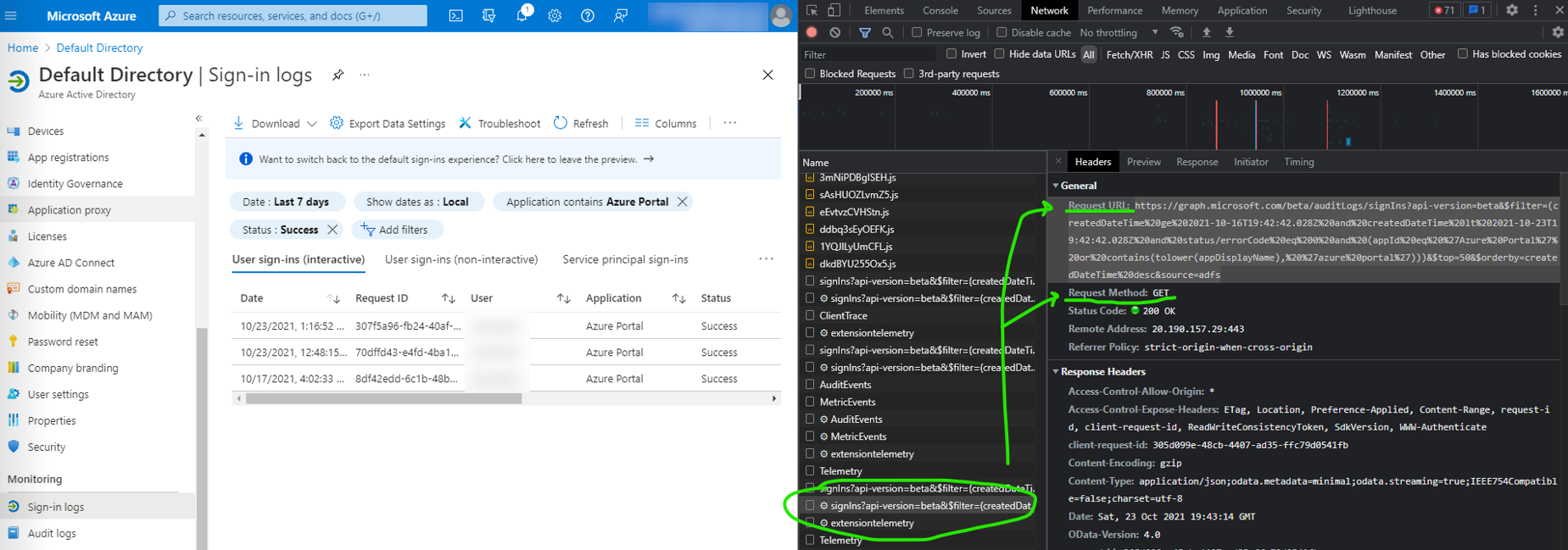 Screenshot of Azure AD portal with filters applied, side-by-side with Developer Tools showing the query that was generated