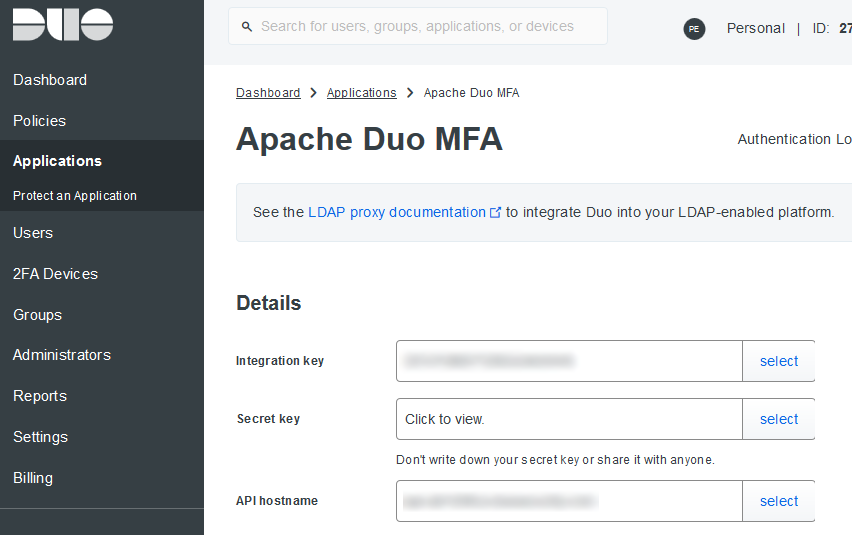 LDAP Integration details in the Duo Admin Console