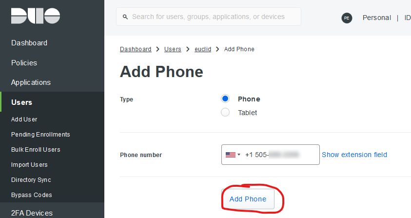 Manually enroll a device with Duo Mobile installed, and associate with the &ldquo;euclid&rdquo; user