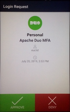 Duo Push MFA prompt for “euclid” user