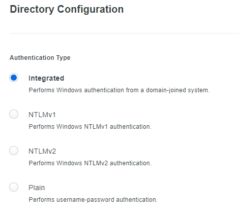 Screenshot of Duo Directory Configuration screen, specifically Authentication Type