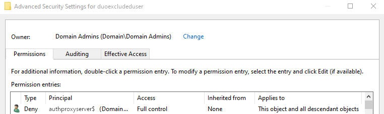 Screenshot ADUC and the Deny Full Control permission created on a user object using dsacls