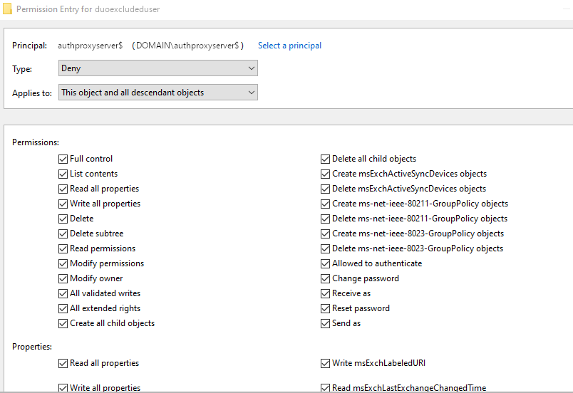 Screenshot ADUC and the details of the Deny Full Control permission created on a user object using dsacls