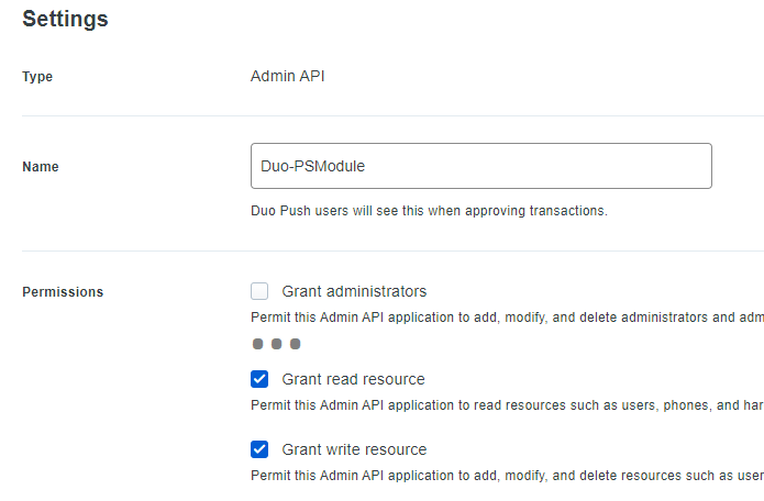 Screenshot of Duo Admin API permissions selection