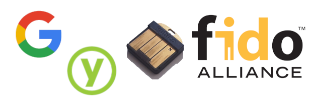 Decorative title image of Google or Yubico Gnubby YubiKey with respective company logos and a FIDO/U2F logo