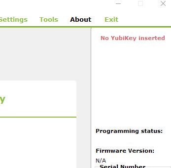 Screenshot of &ldquo;No YubiKey Inserted&rdquo; error message in YubiKey Personalization Tool