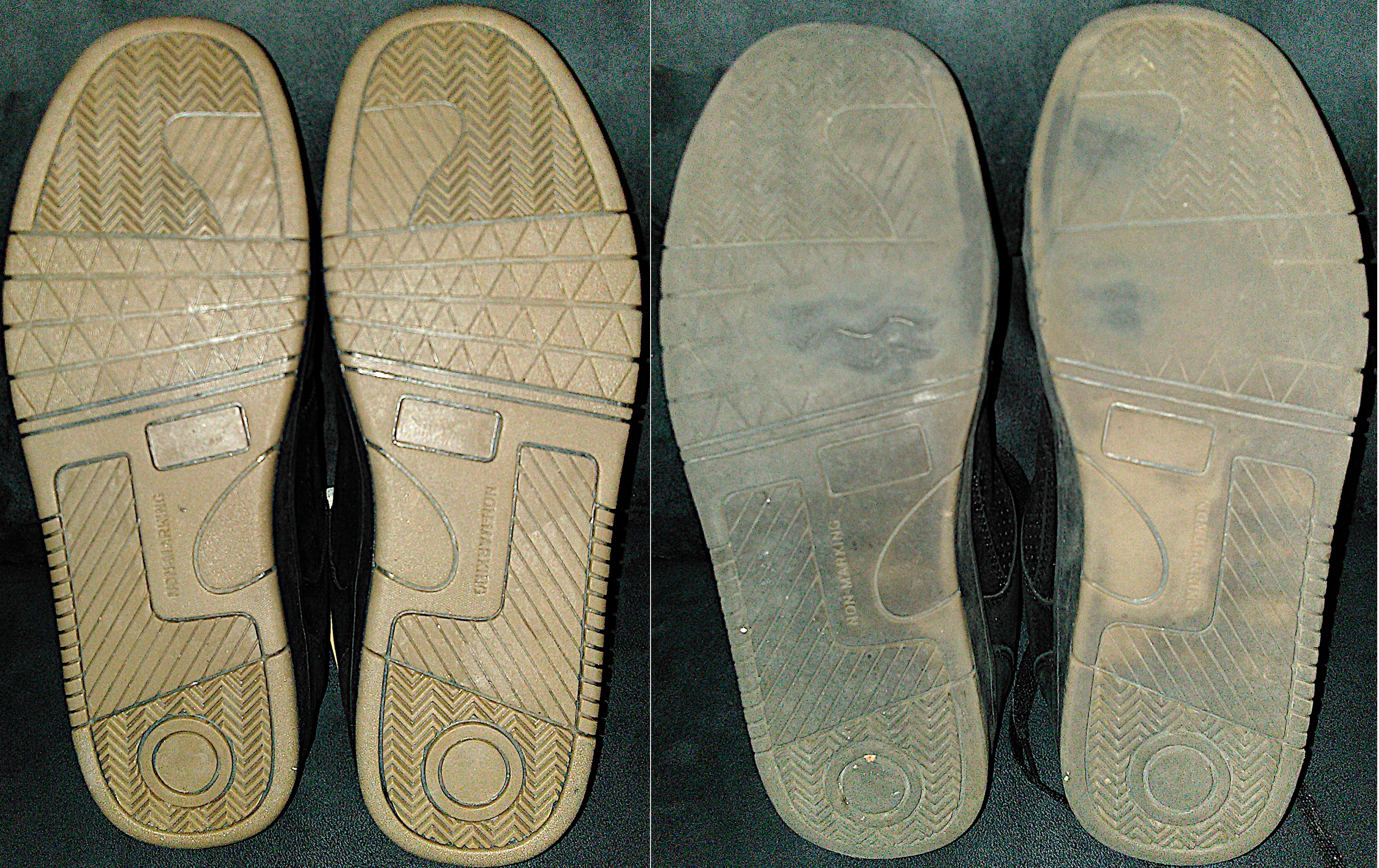 Comparing the wear of the Harsh Arabica skate shoe soles when new vs. after 1 year of steady longboarding