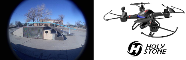 Decorative title image of fish eye effect on skate park combo box with Holystone F181G drone and logo