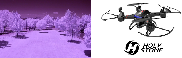 Decorative title image of infrared image of park with Holystone F181G drone and logo