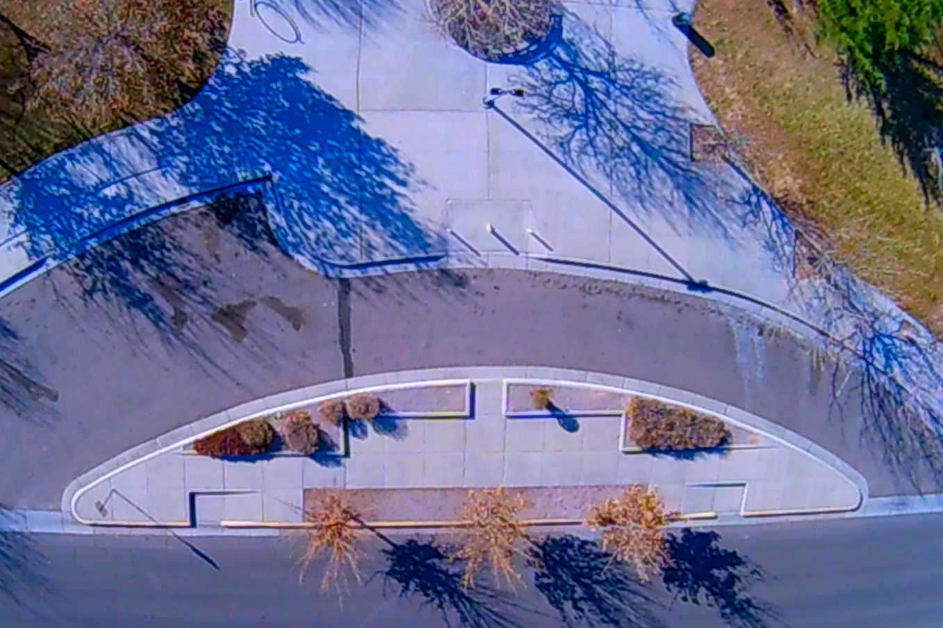 Overhead (God's eye) photo of the driveway cutout at Bel Air-Miramontes Park. The colors are enhanced for artistic effect.