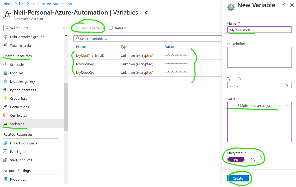 Screenshot of the 4 encrypted Azure Automation variables being created for the Duo integration