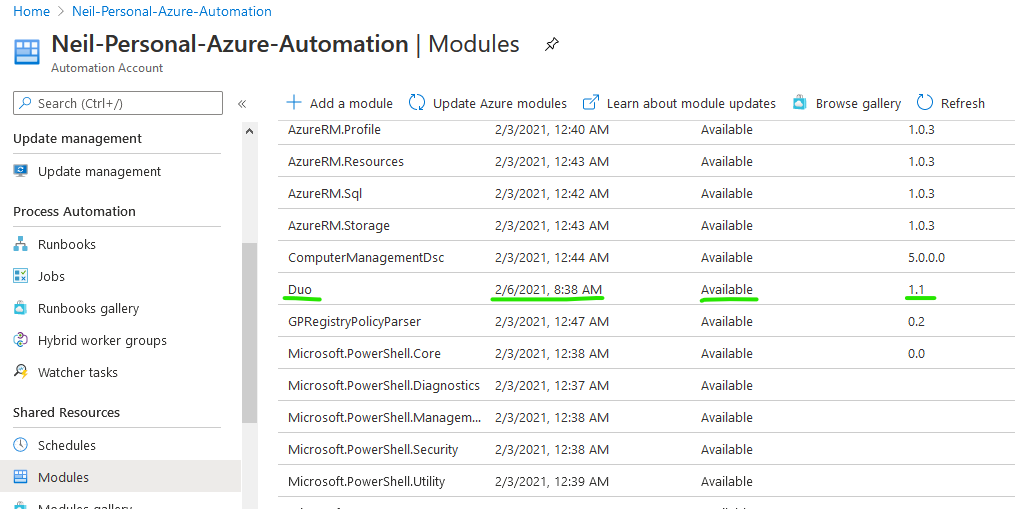 Screenshot of Duo-PSModule / Duo module successfully added and available in an Azure Automation account