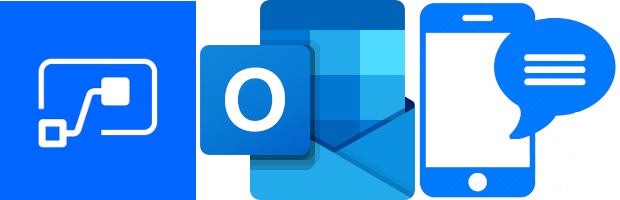 Decorative title image of Microsoft Flow/PowerAutomate, Outlook logos and phone with SMS message clipart