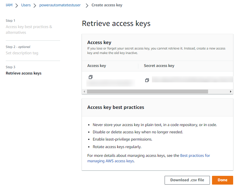 Screenshot of AWS IAM user screen with newly generated access key and secret access key displayed