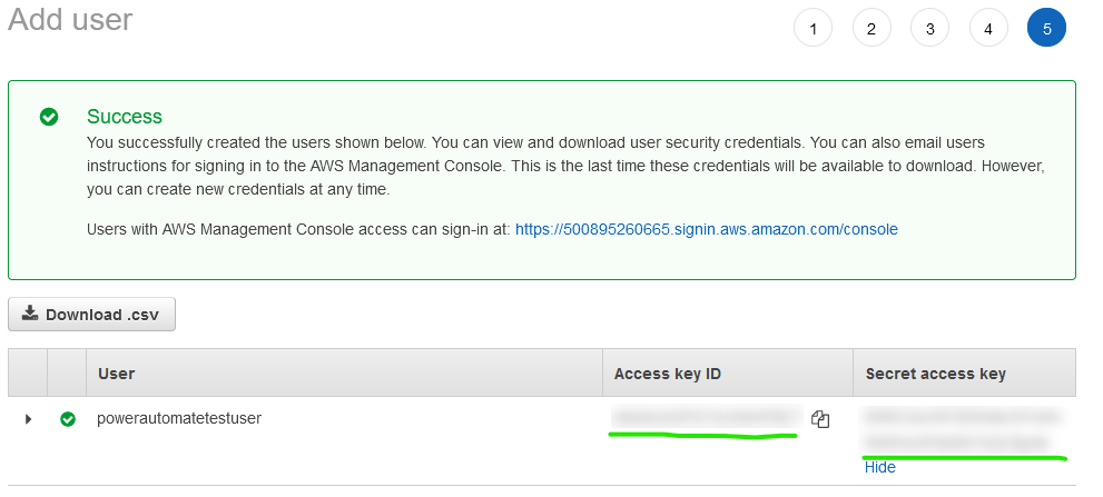 Screenshot of AWS IAM new user screen with successful creation message and Access key ID and Secret access key displayed