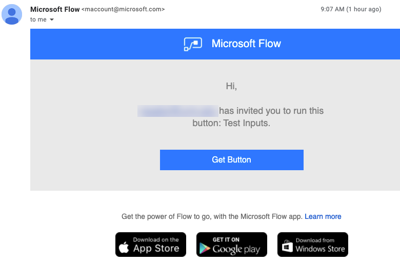 Screenshot of an example email message Power Automate sends to users when adding them to &ldquo;Run only users&rdquo; - email includes a &ldquo;Get Button&rdquo; button with a direct link to the flow
