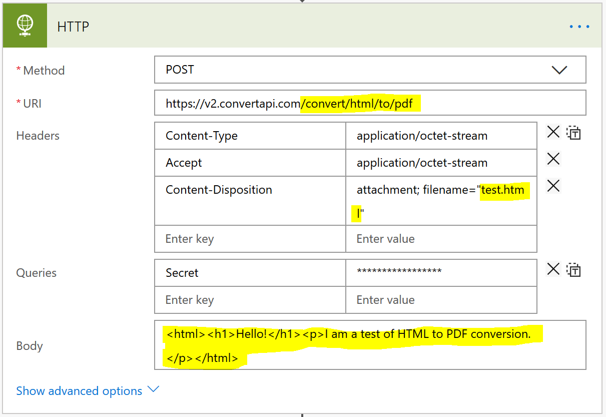 Example HTTP action settings for converting HTML to PDF with ConvertAPI via Power Automate (Flow)
