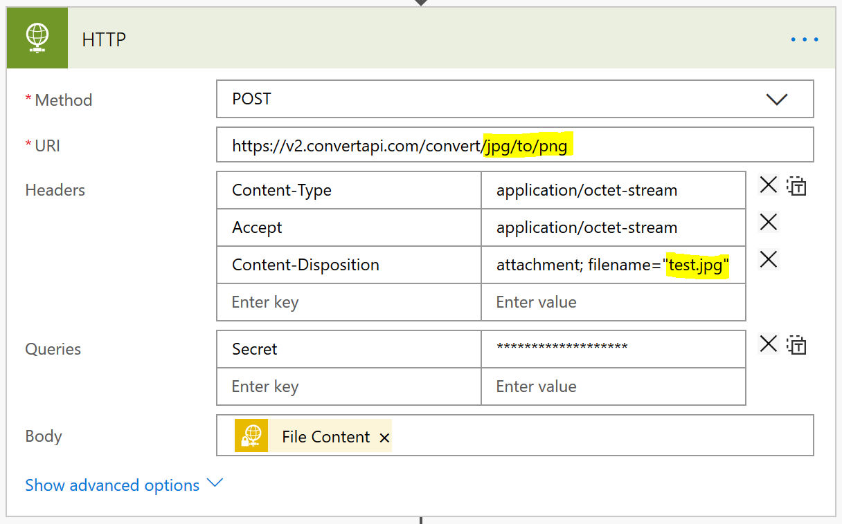 Example HTTP action settings for converting JPG to PNG with ConvertAPI via Power Automate (Flow)