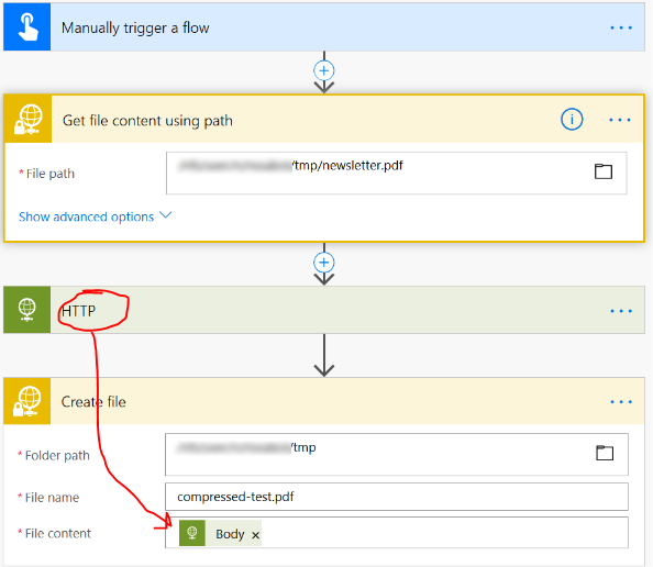 Example of creating a file via SFTP using the Response Body from the HTTP Action