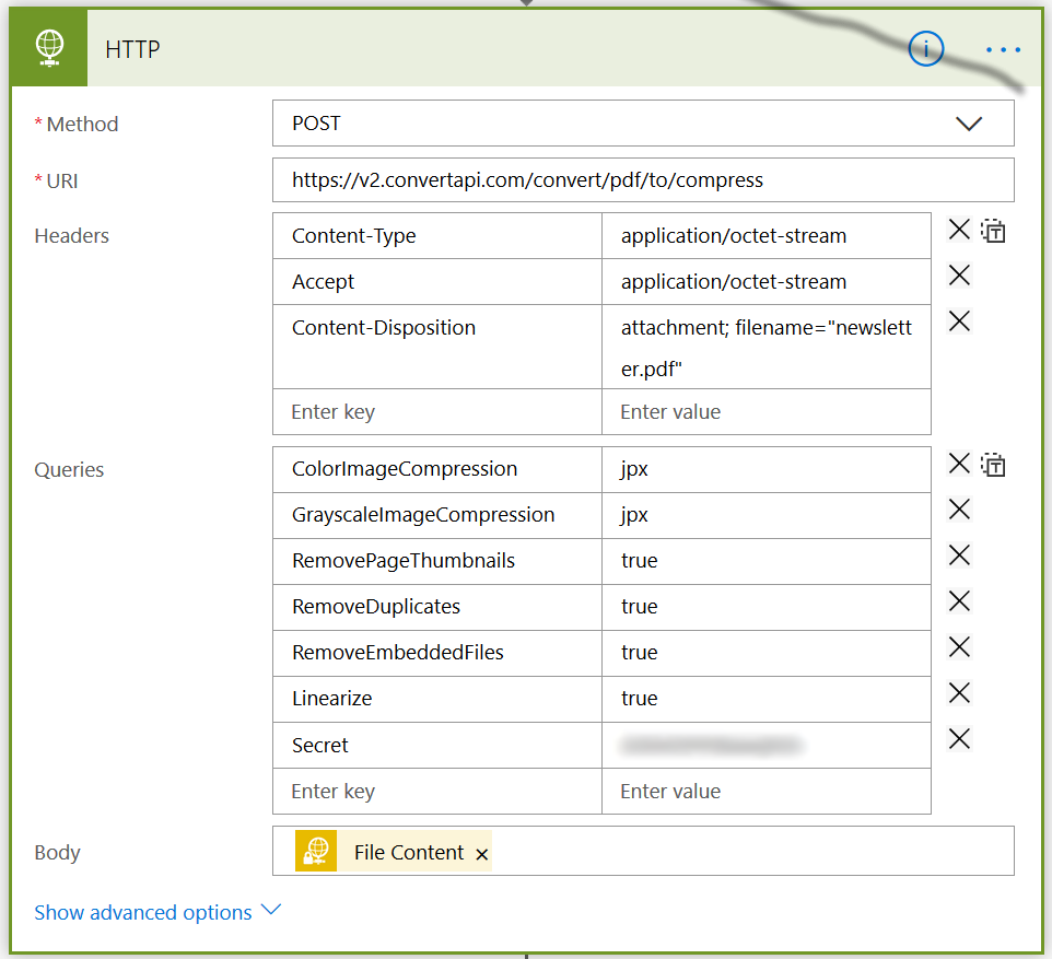 Call the ConvertAPI web service using the HTTP Action in Power Automate (Flow)