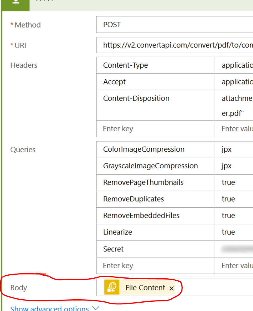 Passing raw PDF content from an SFTP action into ConvertAPI