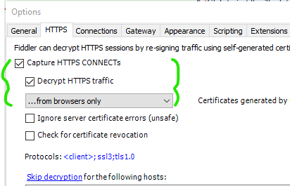 Screenshot of required Fiddler HTTPS decryption settings - &ldquo;Decrypt HTTPS traffic&rdquo;