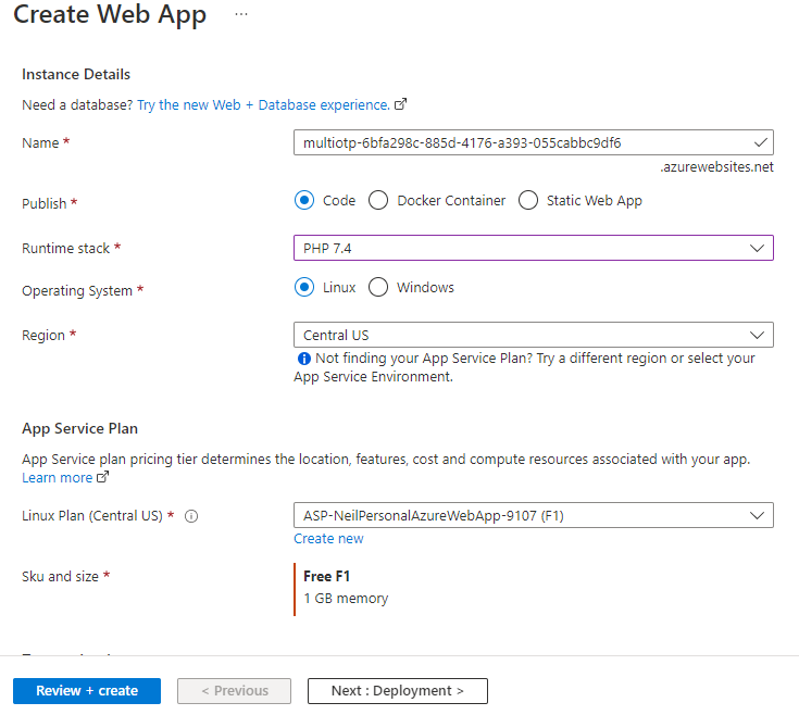 Screenshot of Azure App Service configuration screen with appropriate options described above set