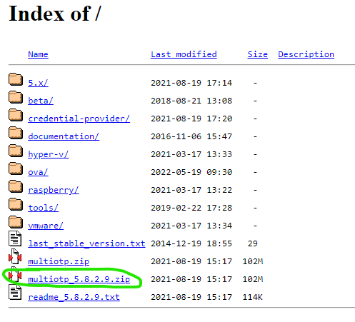 Screenshot of multiOTP download page with the required download circled - multiotp_w.x.y.z.zip (where w.x.y.z is the version number)