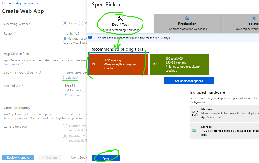 Screenshot of Azure App Service Plan selection, highlighting the F1 or “free” plan