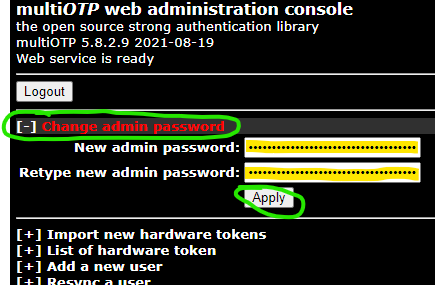 Screenshot of multiOTP server web interface password reset page