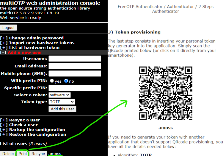 Screenshot of multiOTP server web interface and printing the OATH-TOTP enrollment information for the &ldquo;amoss&rdquo; user, created previously