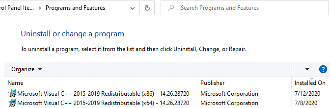 Screenshot of both versions of Microsoft Visual C++ Redistributable for Visual Studio 2015-2019 installed