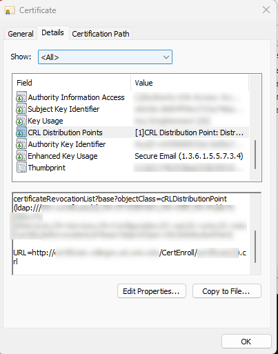 Redacted screenshot of an S/MIME certificate from the Windows certificate store, highlighting the CRL Distribution Points field and locations it contains