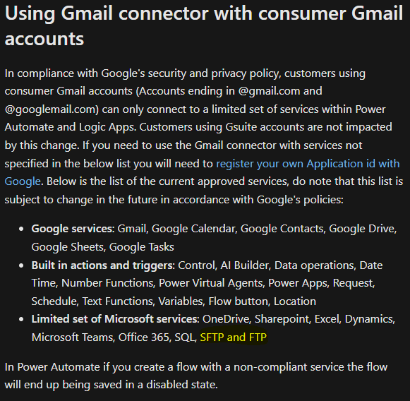 Screenshot of approved services list from the Known issues and limitations article for the Power Automate Gmail connector, circa November 2021 - FTP and SFTP are listed as “approved”