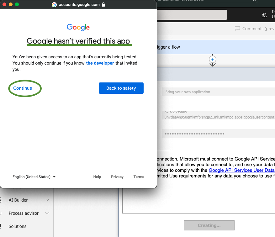 Screenshot of the Google hasn’t verified this app screen, which is part of the Google authentication flow. Continue should be clicked (left option), even though the Back to Safety option (right) is emphasized.