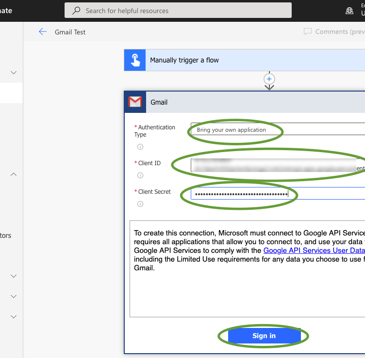 Screenshot of Gmail Connector setup and configuration in Power Automate. Authentication type, Client ID, and Client Secret (blurred) are required fields in the Flow connector