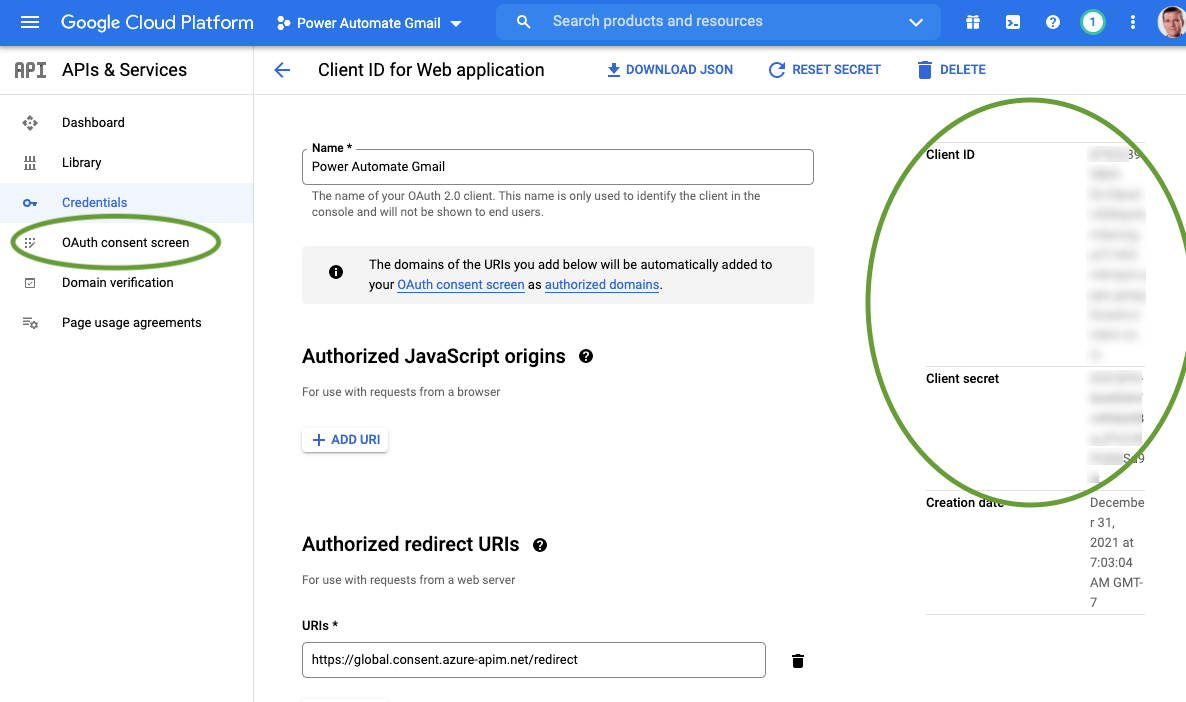 Screenshot of the Client ID and Client secret (both blurred) on the far right of the Gmail API screen in Google Cloud Platform APIs and Services Console