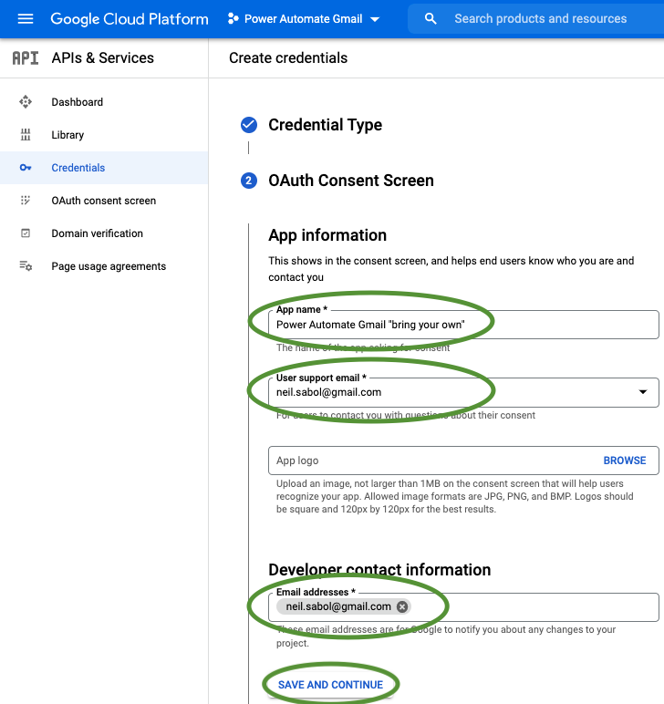 Screenshot of the App information options and selections on the Gmail API screen in Google Cloud Platform APIs and Services Console