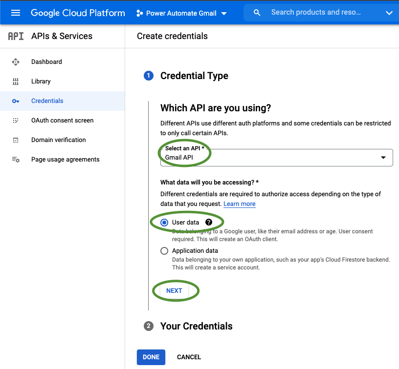 Screenshot of the Credential Type options and selections on the Gmail API screen in Google Cloud Platform APIs and Services Console