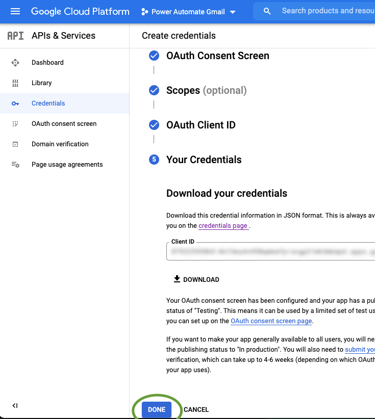 Screenshot of the Your Credentials screen (with Client ID blurred) on the Gmail API screen in Google Cloud Platform APIs and Services Console