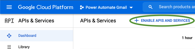 Screenshot of the Enable APIs and Services link for a project in Google Cloud Platform APIs and Services Console