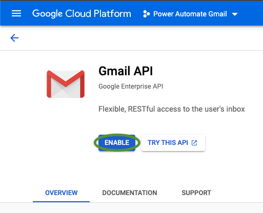 Screenshot of the Enable button for the Gmail API in Google Cloud Platform APIs and Services Console